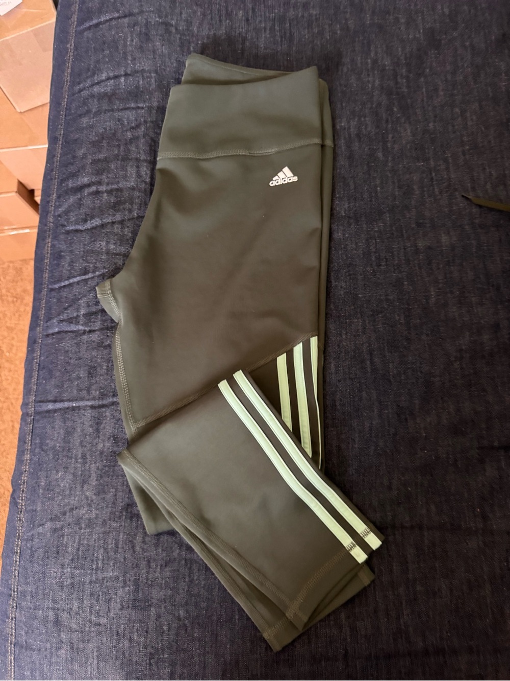 adidas Olive Green Athletic Leggings with Mint Stripes